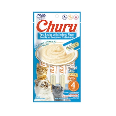 Inaba Churu Tuna Recipe with Seafood Flavor Cat Treat, Grain-Free Lickable Cat Treat/Topper with Vitamin E &amp; Taurine 4PCS/PK - 56g