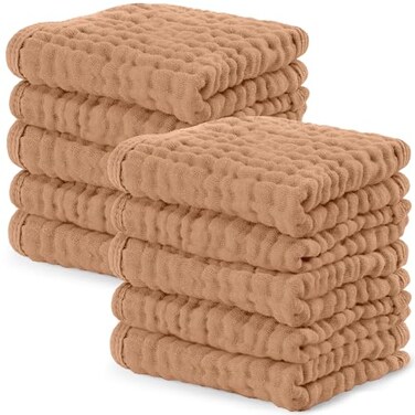 Comfy Cubs Baby Washcloths, Muslin Cotton Baby Towels, Large 10&rdquo;X10&rdquo; Soft On Sensitive Skin, Absorbent For Boys &amp; Girls, Newborn Baby &amp; Toddlers Essentials Shower Registry Gift (Caramel, Pack Of 10)