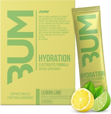 RAW Electrolytes Powder Hydration Drink Mix Packets, Bum Hydrate (Lemon Lime, 20 Servings) - Electrolyte Hydration Packets Supports Muscle Function &amp; Endurance - Keto Free Electrolytes Powder Packets