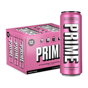 PRIME HYDRATION Energy Drink Strawberry Watermelon, Naturally Flavored, 200mg Caffeine, Zero Sugar, 300mg Electrolytes, Vegan, 12 Fl Oz per Can (Pack of 12)