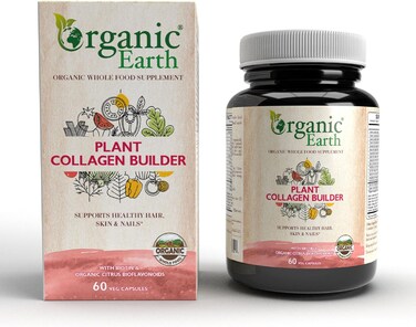 Organic Earth Plant Based Collagen Builder, Keratin And Elastin, Provides Youthful, Beautiful skin, Strengthens Nails And Hair, Vegan, Gluten Free, Clean Nutrition, 60 Capsules