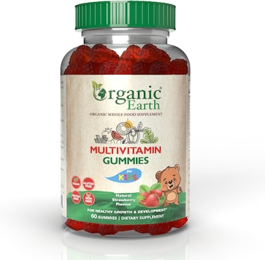 Organic Earth Multivitamin &amp; Mineral Kids Gummies, Natural Strawberry Flavour, For Healthy Growth &amp; Development, Gluten Free, Vegan, 60 Gummies