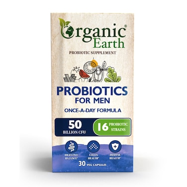 Organic Earth Probiotic for Men Once A Day Formula 50 billion CFU 16 Probiotic Stains Promote Digestive Balance Support Health Colon and Immune System 30 Veg Capsules