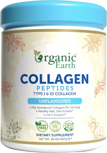 Organic Earth Type I &amp; III Collagen Peptides Powder, 567 Grams (Unflavoured), With 20gm Hydolysed Collagen Per Serving, For Healthy Hair, Skin, Nails &amp; Joint Support, GMO Free &amp; Sugar Free