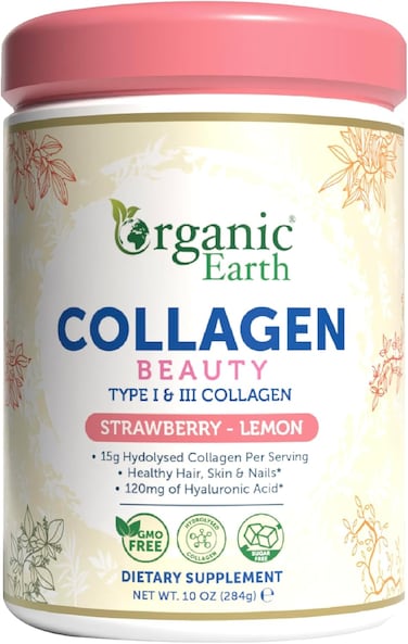 Organic Earth Type I &amp; III Beauty Collagen Powder, 284 Grams Strawberry-Lemon Flavor, With 15gm Hydolysed Collagen Per Serving &amp; 120mg Hyaluronic Acid, For Healthy Hair, Skin &amp; Nails