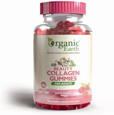 Organic Earth Beauty Collagen Sugar-Free 60 Gummies - Raspberry Flavor, With Hydrolyzed Collagen, Vitamin C &amp; Biotin, Supports Healthy Skin, Hair &amp; Nails, Gelatin-Free