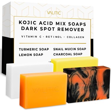 VALITIC Kojic Acid Soap Bars - Turmeric, Snail Mucin, Charcoal and Lemon - 4 Assorted Dark Spot Remover Soaps with Hyaluronic Acid, Vitamin C, Vitamin E and Shea Butter