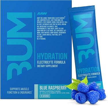 RAW Electrolytes Powder Hydration Drink Mix Packets, Bum Hydrate (Blue Raspberry, 20 Servings), Electrolyte Hydration Packets Support Muscle Function &amp; Endurance, Keto Free Electrolytes Powder Packets