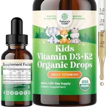 Natures Craft Liquid Vitamin D3 Drops For Kids - Organic Vitamin D For Kids And Babies With Vitamin K2 - Vegan Vitamin D3 K2 Kids Vitamins For Immune Support - Liquid Vitamin D Drops