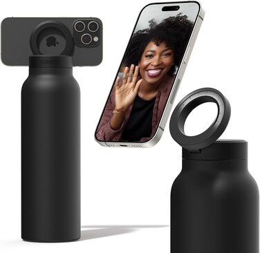 Ringo Insulated Water Bottle For iPhone With Magnetic Phone Mount, Stainless Steel Water Bottle With Tripod Phone Holder, Hot 12H, Cold 24H, 360&deg; Rotate, Black 32Oz