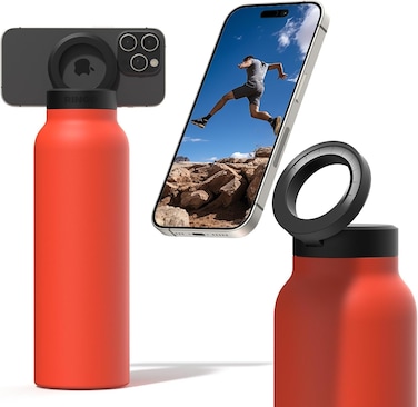 Ringo Insulated Water Bottle For iPhone With Magnetic Phone Mount, Stainless Steel Water Bottle With Tripod Phone Holder, Perfect For Gym &amp; Travel, Hot 12H, Cold 24H, 360&deg; Rotate, Orange 32Oz