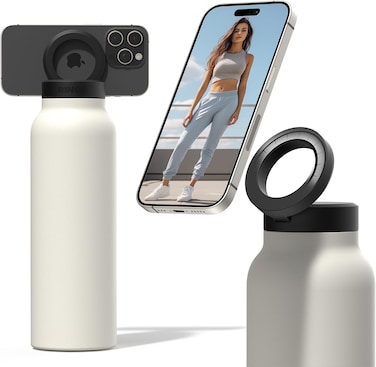 Ringo Insulated Water Bottle For iPhone With Magnetic Phone Mount, Stainless Steel Water Bottle With Tripod Phone Holder, Hot 12H, Cold 24H, 360&deg; Rotate, Ivory 32Oz