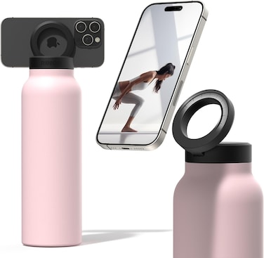 Ringo Insulated Water Bottle For iPhone With Magnetic Phone Mount, Stainless Steel Water Bottle With Tripod Phone Holder, Hot 12H, Cold 24H, 360&deg; Rotate, Pink 32Oz