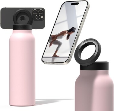 Ringo Insulated Water Bottle For iPhone With Magnetic Phone Mount, Stainless Steel Water Bottle With Tripod Phone Holder, Hot 12H, Cold 24H, 360&deg; Rotate, Pink 32Oz