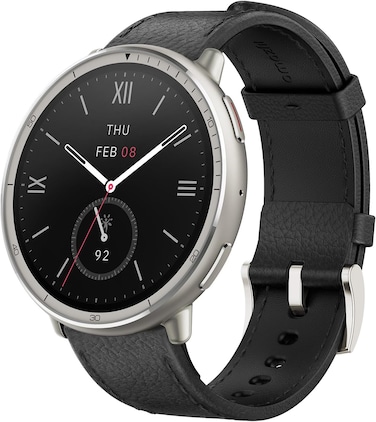 Amazfit Active 2 Round Smart Watch, 10 Day Battery, Fitness Tracker, Sleep Monitor, GPS Maps, 160+ Sport Modes, 5 ATM Water Resistant, Sapphire Glass, Black Leather- International Version