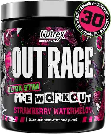 Nutrex Research Outrage Ultra High Stim Pre-Workout Powder for Men,  400mg Caffeine, L-Citrulline, Beta-Alanine, Creatine, Extreme Energy, Focus, Strength &amp; Endurance (30 Servings)