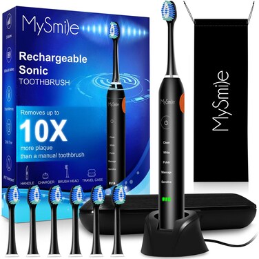 MySmile Electric Toothbrush for Adults, Rechargeable Sonic Electronic Toothbrush with 6 Brush Heads and Travel Case, 2 Mins 5 Modes Smart Timer,