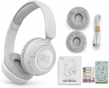 myFirst CareBuds Max - Wireless Headphones for Kids with Microphone Interchangeable EarPads Smart Volume Limit 52 Hours Playtime Fast Charging (Mist White)