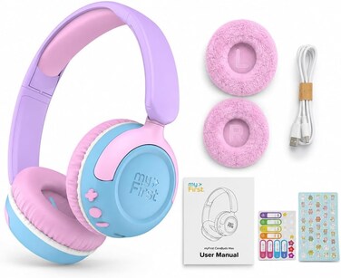 myFirst CareBuds Max - Wireless Headphones for Kids with Microphone Interchangeable EarPads Smart Volume Limit 52 Hours Playtime Fast Charging (Cotton Candy Mix)