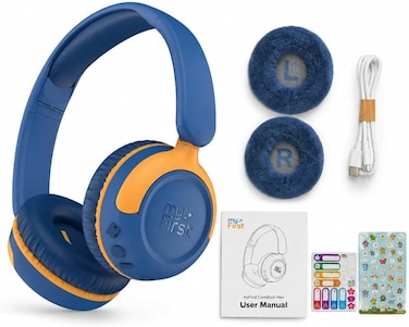 myFirst CareBuds Max - Wireless Headphones for Kids with Microphone Interchangeable EarPads Smart Volume Limit 52 Hours Playtime Fast Charging (Blueberry Pop)