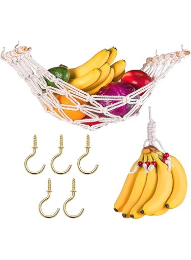 KASTWAVE Space-Saving Hanging Fruit Hammock &amp; Storage Basket with Hooks for Kitchen Cabinets - Stylish Fruit Rack Net