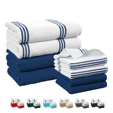 Terry Kitchen Towel and Dish Cloth Set-Pack of 8,Super Absorbent, Quick Drying Hand Towels, Blue
