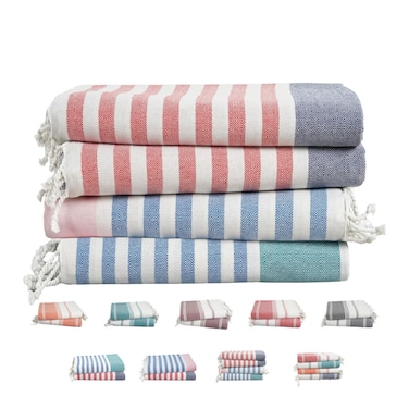 Cloud Scape Linen Turkish Beach Towel pack of 4, 99x180 cm, Super Absorbent Hammam Towels, Multi Stripe