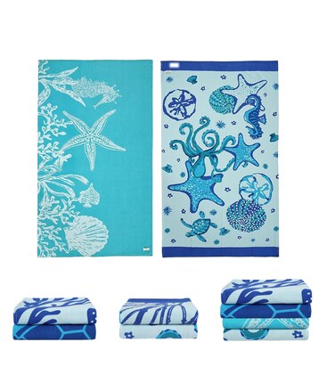 مناشف شاطئ مطبوعة بنقشة المرجان من كلود سكيب لينن، عبوة من 2 – كبيرة جداً، 100% قطن، 99×180 سم، نجمة البحر وسيريناد