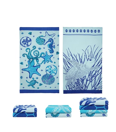 مناشف شاطئ مطبوعة بنقشة المرجان من كلود سكيب لينن، عبوة من 2 – كبيرة جداً، 100% قطن، 99×180 سم، نجمة البحر والسلحفاة