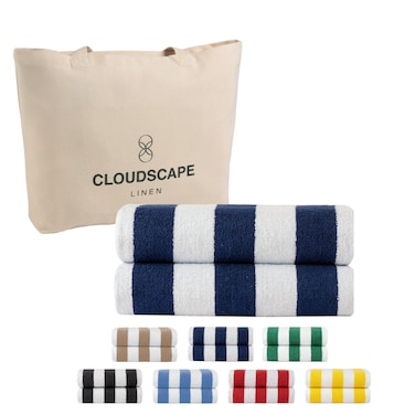 طقم مناشف شاطئ كابانا بخطوط عدد 2 من كلود سكيب لينن، 76×152 سم، أزرق