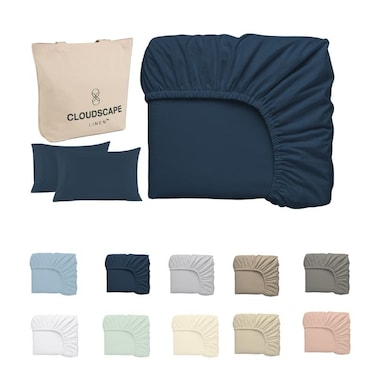 Cloud Scape Linen 600 Thread Count Egyptian Cotton Sheet Set( Queen, Dark Denim)