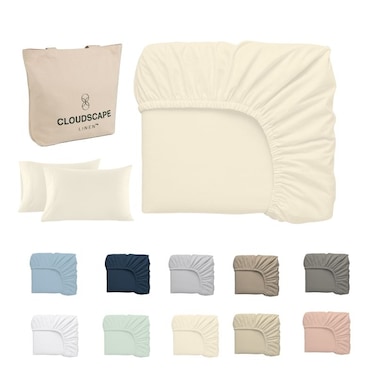 Cloud Scape Linen 600 Thread Count Egyptian Cotton Sheet Set( Queen, Ivory)