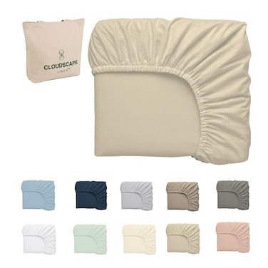 Cloud Scape Linen 600 Thread Count Egyptian Cotton Fitted Sheet Set( Queen, Linen)