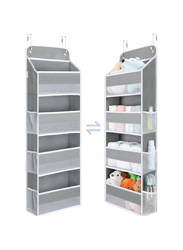 1 Pack Over the Door Storage Organizer, BAOLY Door Organizer Hanging with 4 Pockets 6 Mesh Pockets,35.2lbs Weight Capacity Door Hanging Storage,Door Storage for Nursery Baby Essentials (Grey)