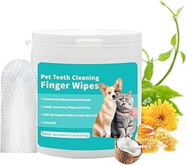 YUHUF-Teeth Finger Cleaning Wipes for Dogs &amp; Cats, Pet Dental Care by Reducing Plaque and Tartar Remove Bad Breath, Disposable Gentle Gum Care Pet Wipes, 50 Counts