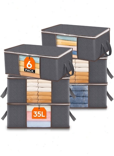 35L Clothes Storage Bags, 6 Pack Foldable Under Bed Storage Box, Duvet Storage Cover, Closet Organizer, Clear Window in Solid Fabric for Clothes, Grey