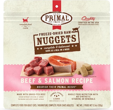 Primal Pet Foods Freeze Dried Cat Nuggets Beef &amp; Salmon, Complete &amp; Balanced Meal Or Topper, Premium, Healthy, Grain Free, High Protein Raw Cat With Probiotics (5.5 Oz)