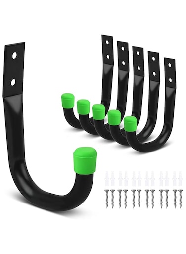 YIMIDM Heavy Duty Garage Hooks Set, 6 Pcs Wall Hooks for Hanging Bikes, Tools, Hoses, Indoor Outdoor, Black Wall Mount J Utility Hooks with Wall Anchors and Screws