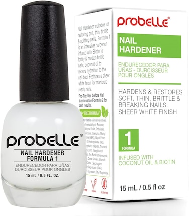 Probelle Nail Hardener Formula 1, 15ml, Restores Soft, Thin, Brittle &amp; Splitting Nails, Infused With Biotin &amp; Coconut Oil, Sheer White Finish