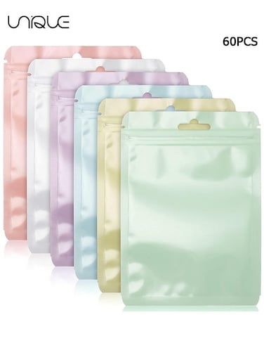 60 Pcs Resealable Flat Clear Candy Color Food Storage Ziplock Bag, Safety Non Toxic Food Grade Plastic Packaging Pouch, Multi Use Bag for Card Cosmetic Candies Cookies (Mix Color)