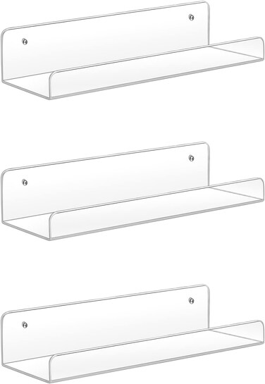 Sooyee Acrylic Shelves - 3 Pack 15 Inch Floating Wall Mounted Shelves for Kids and Home Decor