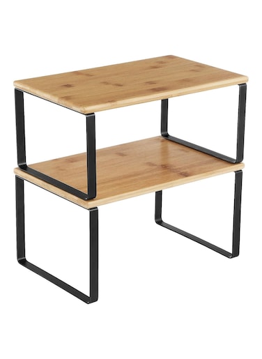 Cabinet Organizer Shelf Set of 2 Kitchen Counter Shelves Kitchen Storage Spice Rack Stackable Expandable Metal and Engineered Wood black and Natural