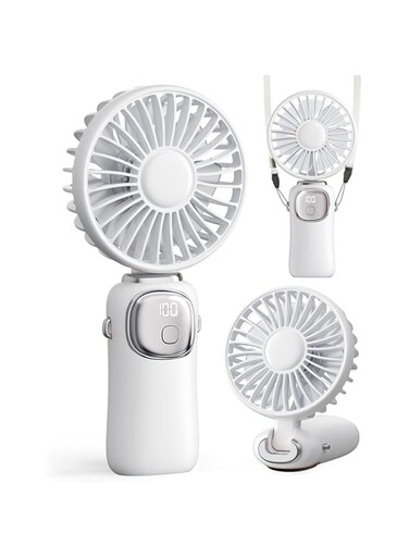 Exrp Portable Handheld Fan, 3600mAh Battery Operated 3 in 1 Multifunction Personal Travel Fan with Digital Display, 90&deg; Foldable Desk Fan with Base, 5 Speed Fan