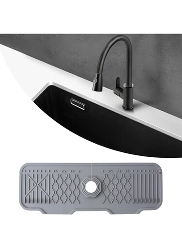 Paporich 5&deg; Slope Kitchen Sink Splash Guard, Faucet Sink Mat, Silicone Faucet Handle Drip Catcher Tray, Multipurpose for Kitchen Dish Drying Mats Sponge Holder and Bathroom Countertop Protect (Gray)