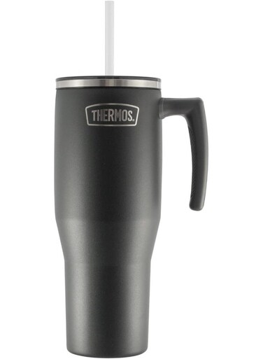 STAINLESS STEEL VACUUM INSULATED GREY MUG WITH STRAW 1.1LTR