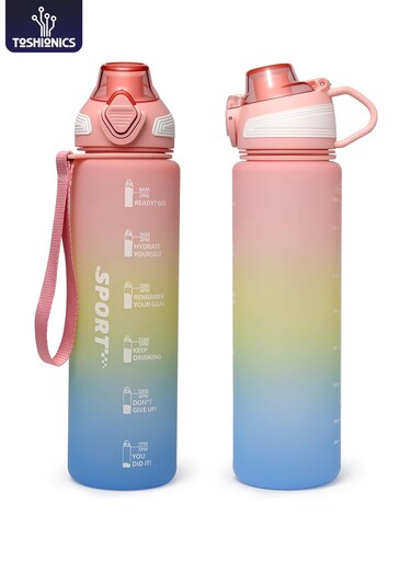 1000ml Motivational Sports Water Bottle with Time Markers, One-Touch Lid, Fruit &amp; Ice Infuser and Carry Handle String - BPA-Free Tritan, Leak-Proof Lid, Eco- Friendly, Plastic, Reusable, Drink Reminder Water Bottle for School, Office, Daily Hydration, Gym, Fitness, Outdoor, Sports and Travel, 32oz Bottle