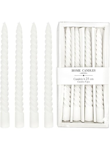 Taper 25CM Candles Set of 4 Smokeless 6-Hour Long Lasting Classic Decorative Candle Sticks Spiral Taper Candle for Wedding,Dinner,Brithday,Parties,Home Decor (White)
