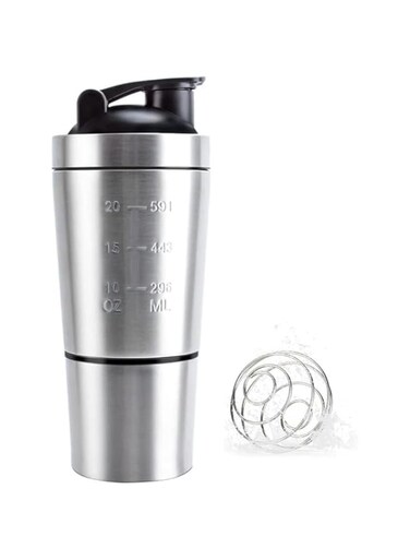 Joyzzz Protein Shaker Bottle, Stainless Steel Shaker Bottle with Wire Whisk, Shaker Bottle with Storage for Powder, BPA Free, Leak Proof Design, Blender Bottle for Protein Mixes