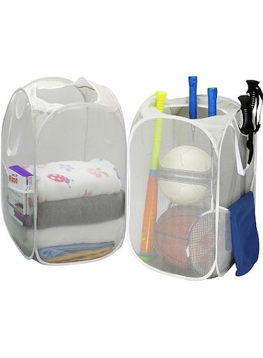 Simple Houseware Mesh Pop-Up Laundry Hamper Basket With Side Pocket, Gray - 2 Pack