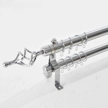 قضيب ستارة مزدوج قابل للتمديد ومتين بطول 2 متر، مصنوع من الفولاذ المتين باللون الفضي